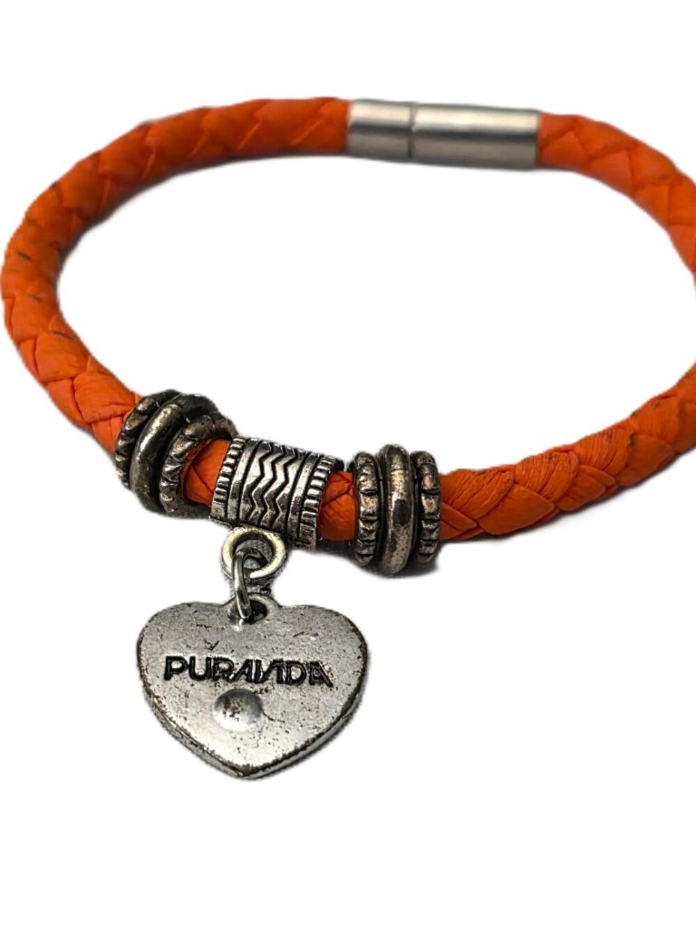 Orange Pura Vida Heart Charm Bracelet Faux Leather Braided Bangle Hook Closure